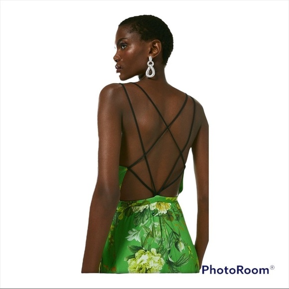 KAREN MILLEN Green Floral Printed Viscose Button Down Strappy Maxi Dress Size 8 - Picture 9 of 11